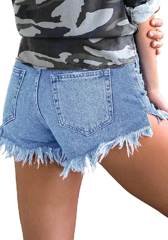 Women's Mid Rise Frayed Ripped Raw Hem Denim Jean Shorts