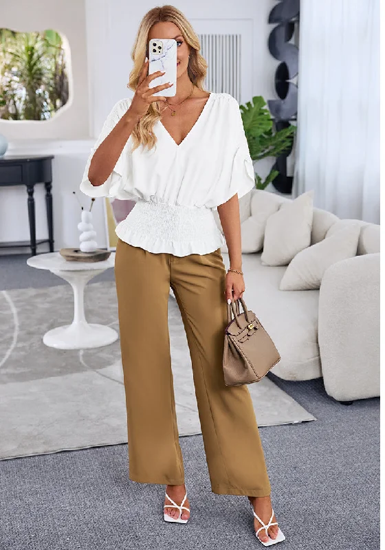 Brilliant White Women's Ruffle Sleeve V Neck Button Down Blouse Shirt Casual Work