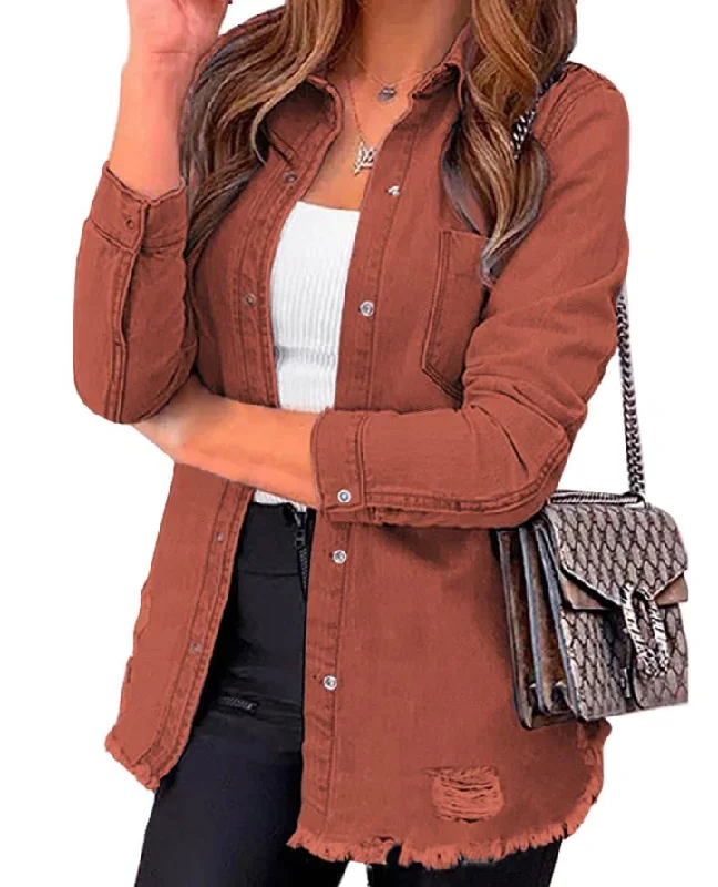 Brown Womens Denim Jacket Western Button Up Shirts Distressed Ripped Jean Shacket Frayed Hem