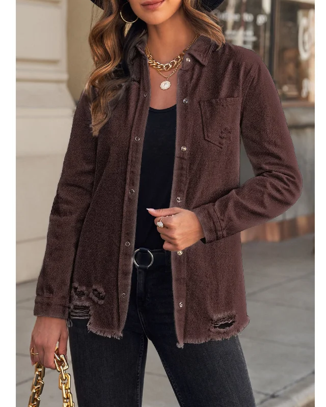 Chocolate Brown Frayed Hem Distressed Button-Down Denim Jacket