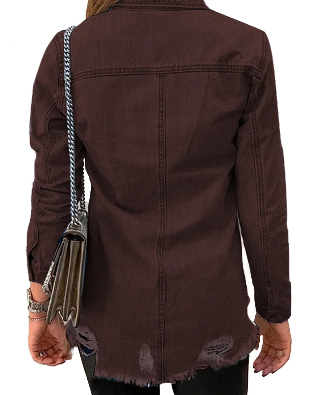 Chocolate Brown Frayed Hem Distressed Button-Down Denim Jacket