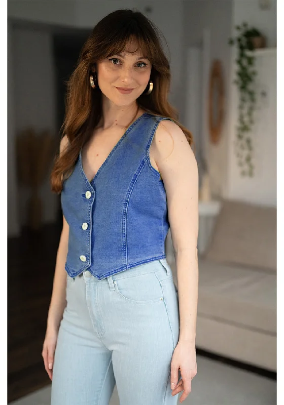 Classic Blue Women's Cropped Jeans Vest Denim Top Button Down Casual Sleeveless Jacket