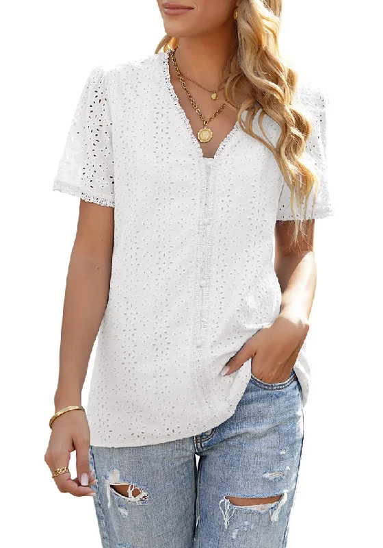 Women's Casual Summer Lace Tops V Neck Short Sleeve Blouses Shirts