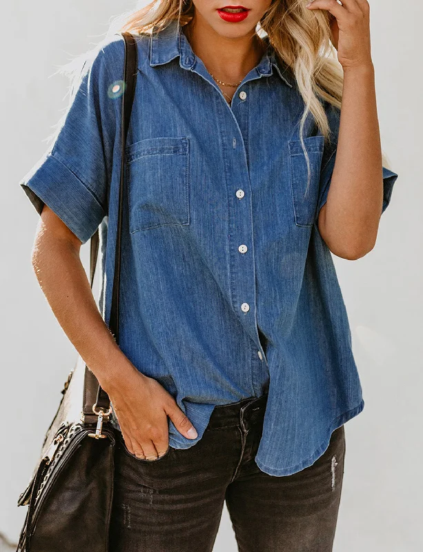 Women's Casual Denim Shirt Button Down V Neck Short Sleeve Blouse Top