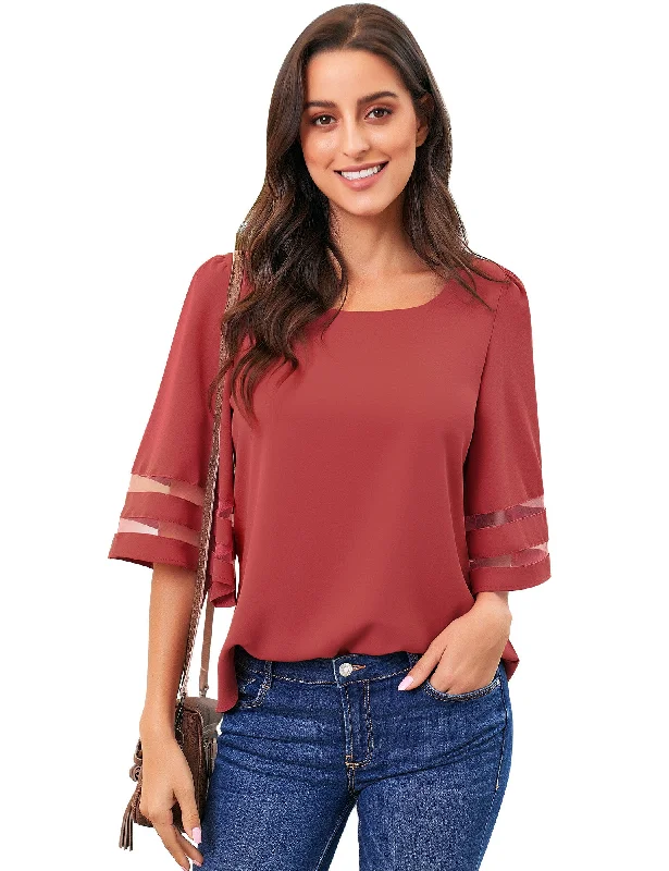 Women Casual Crew Neck Shirt Top 3/4 Bell Sleeve Mesh Panel Blouse