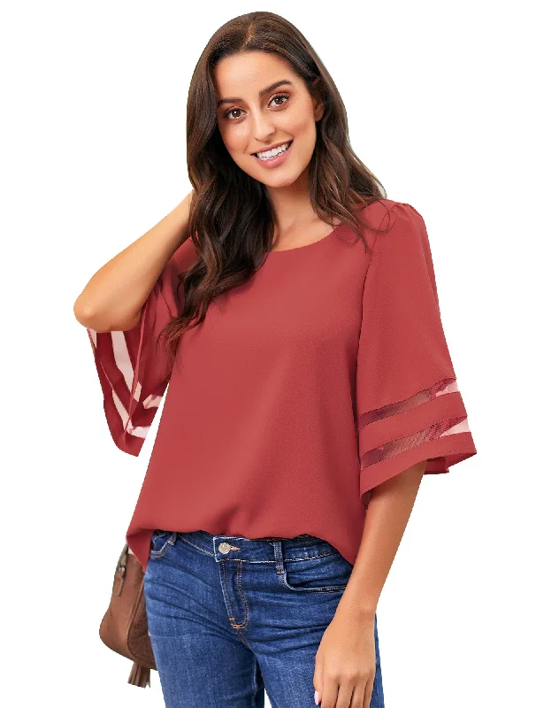 Women Casual Crew Neck Shirt Top 3/4 Bell Sleeve Mesh Panel Blouse