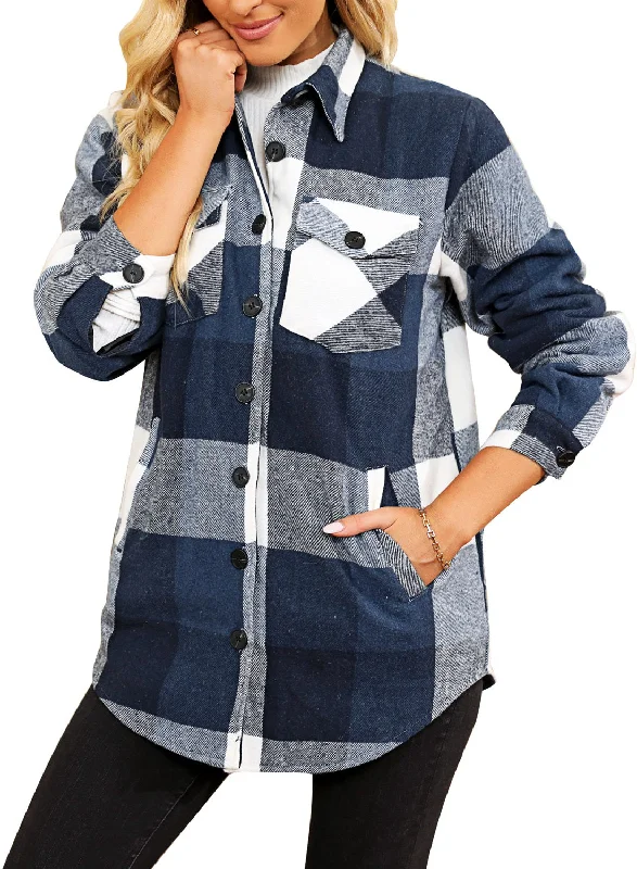 Dark Blue Plaid Long Sleeves Button Down Jacket