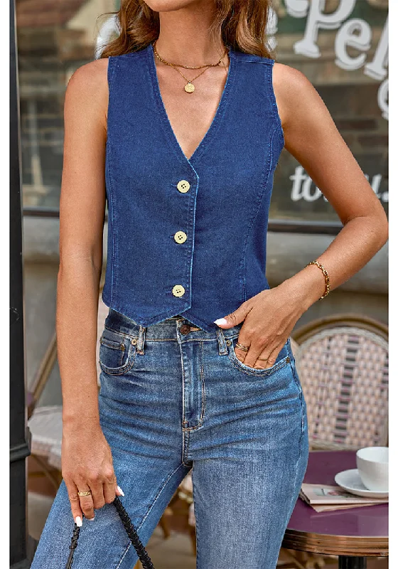 Dark Blue Women's Cropped Jeans Vest Denim Top Button Down Casual Sleeveless Jacket