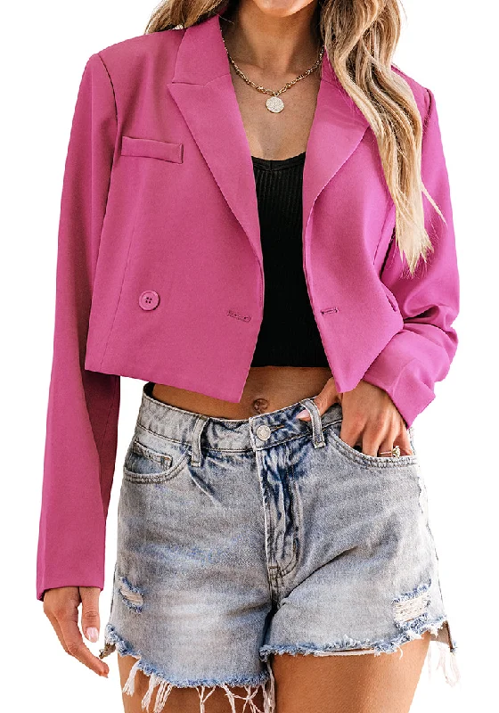 Hot Pink Women's Cropped Business Casual Blazers Lapel Work Office Jackets