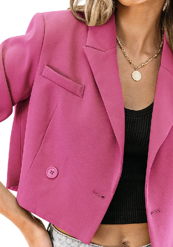 Hot Pink Women's Cropped Business Casual Blazers Lapel Work Office Jackets