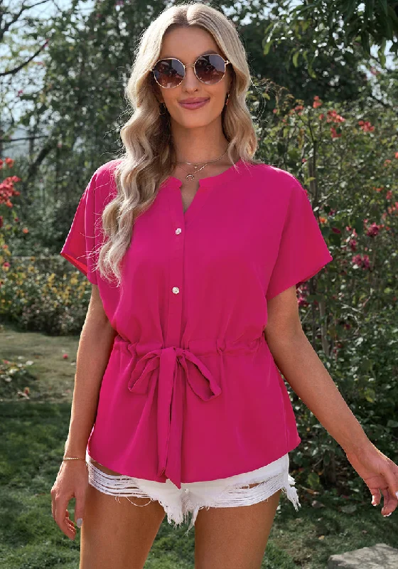 Hot Pink Women's Short Sleeve Office Blouse Button-Down Shirts