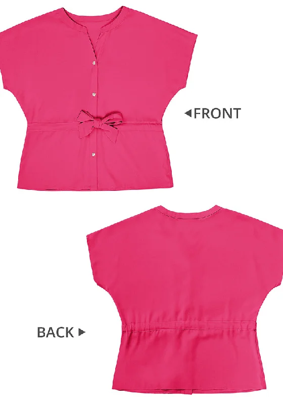 Hot Pink Women's Short Sleeve Office Blouse Button-Down Shirts