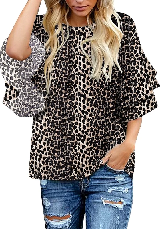 Leopard Print Trumpet Sleeves Keyhole-Back Leopard Blouse