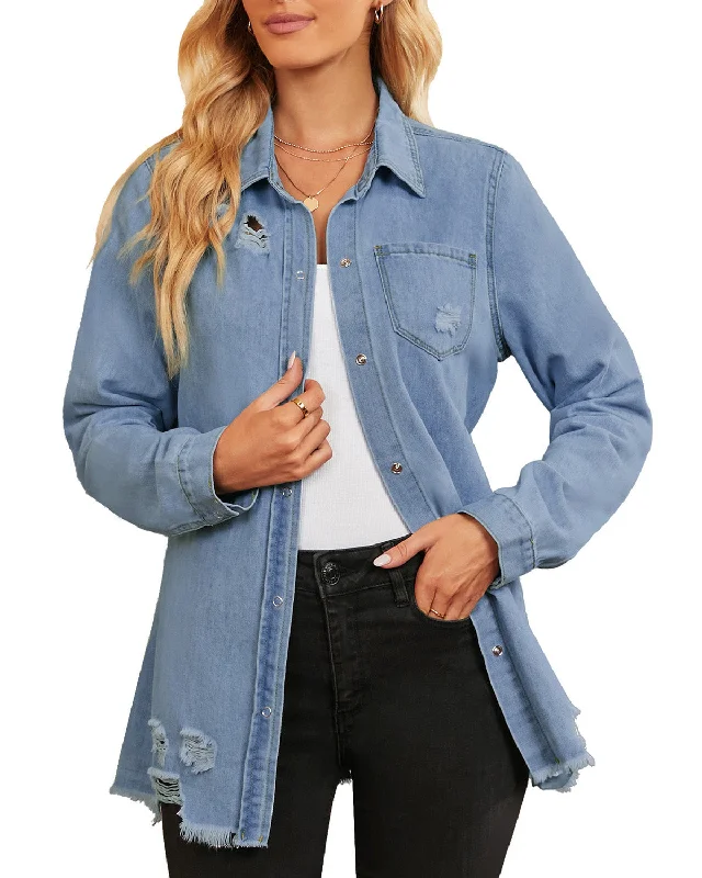 Light Blue Frayed Hem Distressed Button-Down Denim Jacket