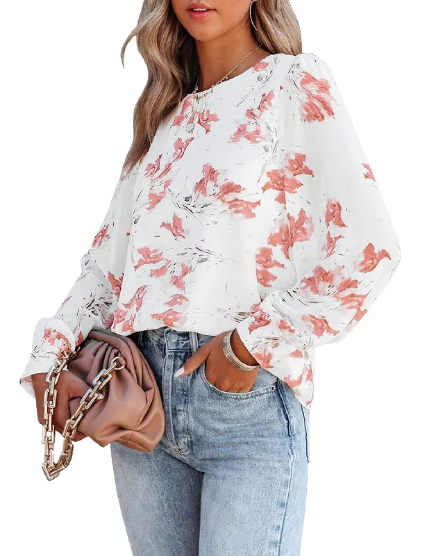 Women's Casual Blouse Crewneck Long Sleeve Flowy Basic Tops Shirt