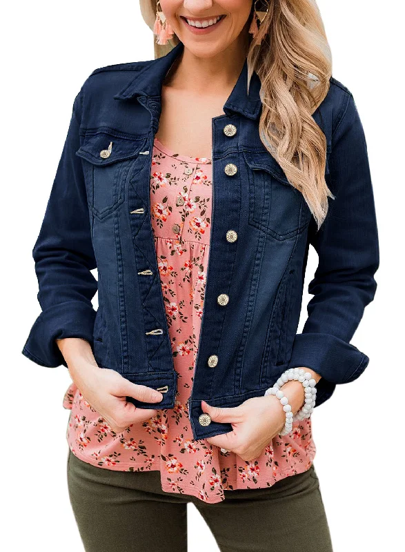 Women's Basic Long Sleeves Button Down Fitted Denim Jean Jackets