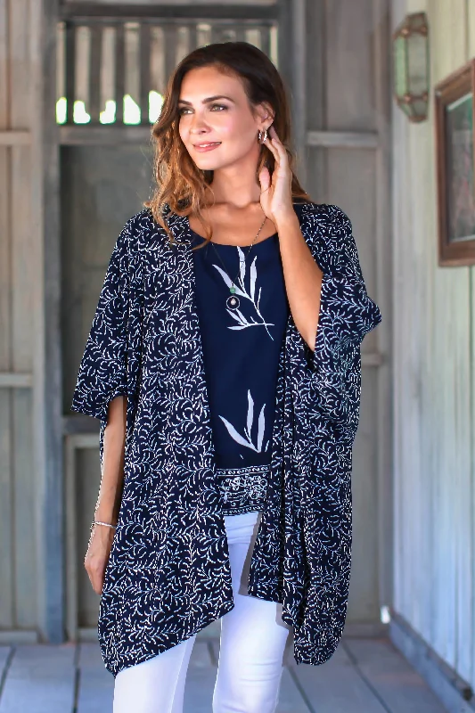 Many Leaves Batik Rayon Kimono Jacket in Midnight and White from Bali