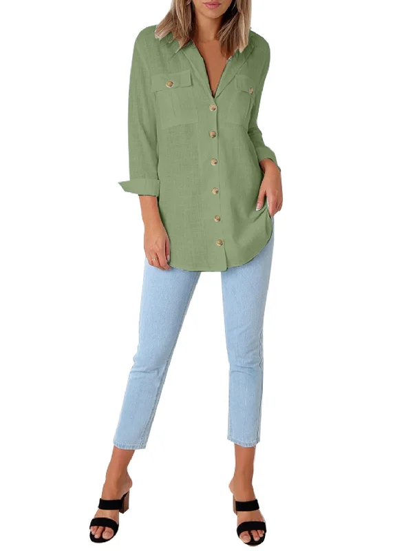 Mint Green Long Cuffed Sleeves Lapel Button-Up Blouse