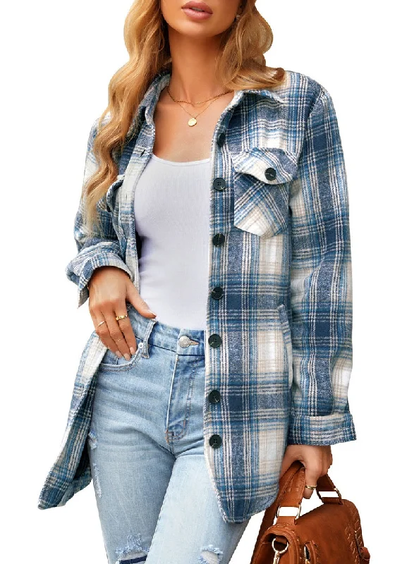 Navy Plaid Long Sleeves Button Down Jacket