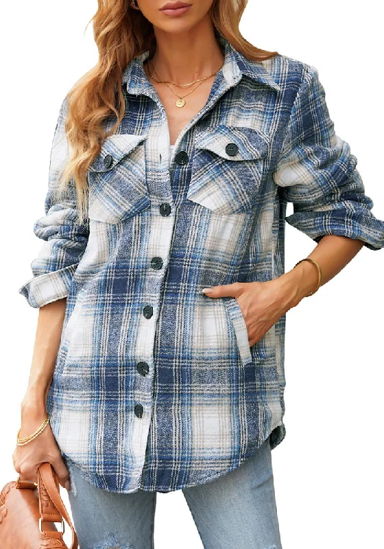 Navy Plaid Long Sleeves Button Down Jacket