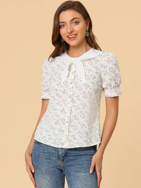 Floral Blouse Bow Tie Neck Puff Short Sleeve Vintage Ruffle Top