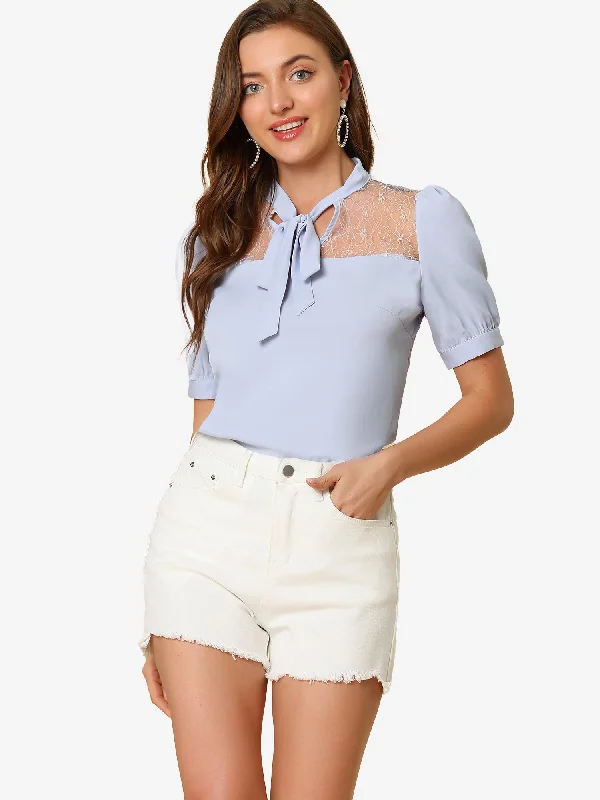 Short Sleeve Mesh Sheer Tie Neck Blouse