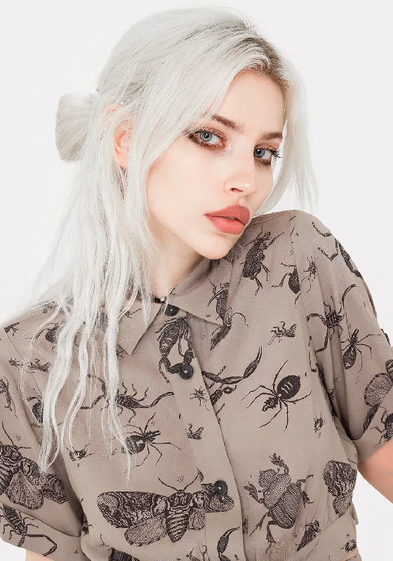 Parasite Bugs Print Crop Short Sleeve Shirt - Taupe