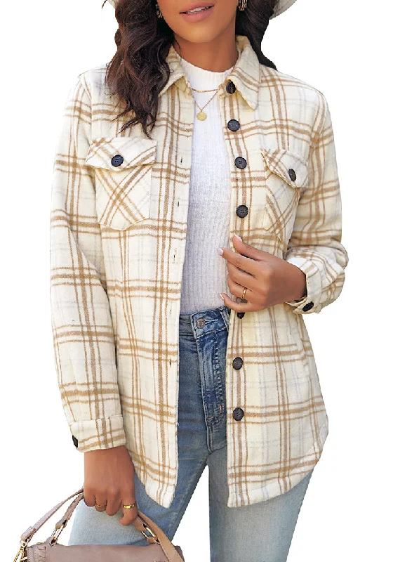 Cream Plaid Long Sleeves Button Down Jacket