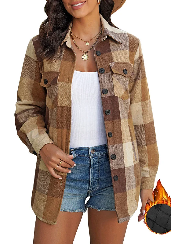 Brown Tone Plaid Long Sleeves Button Down Jacket