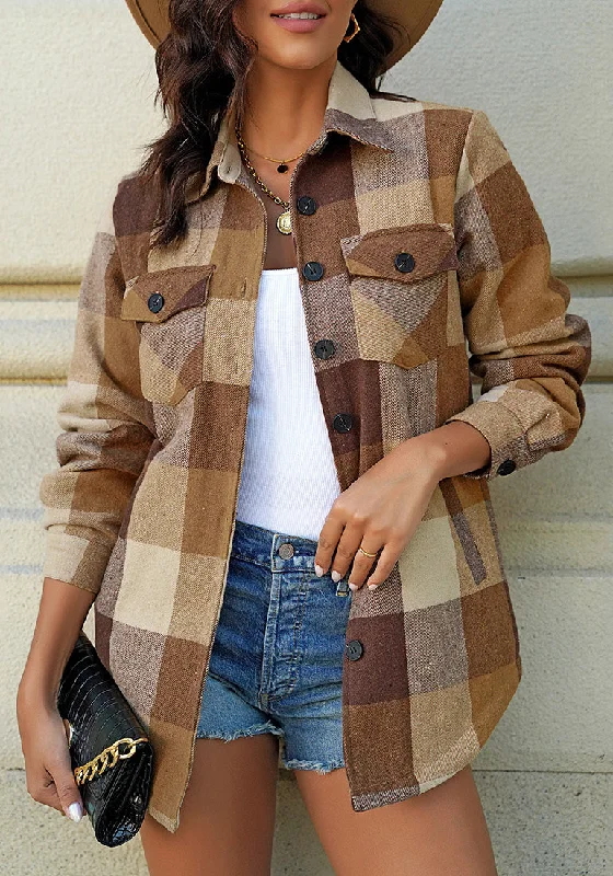 Brown Tone Plaid Long Sleeves Button Down Jacket