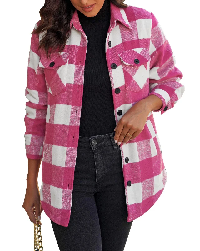 Hot Pink Plaid Long Sleeves Button Down Jacket