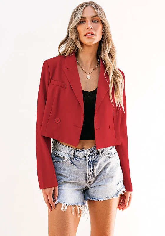 Red Women's Cropped Business Casual Blazers Lapel Work Office Jackets