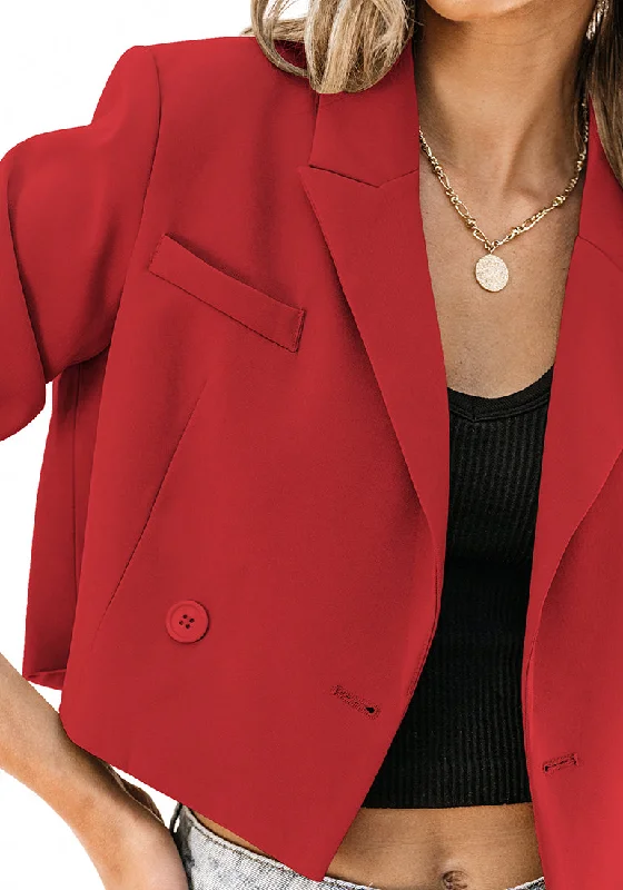 Red Women's Cropped Business Casual Blazers Lapel Work Office Jackets