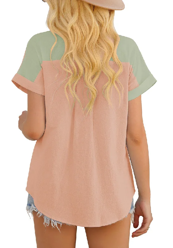 Sage Green Short Sleeves Colorblock Button-Up Top