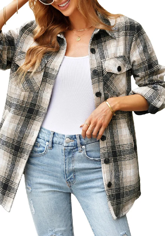 Grey Plaid Long Sleeves Button Down Jacket