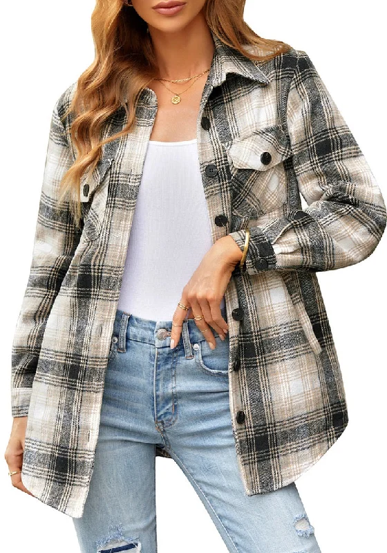 Grey Plaid Long Sleeves Button Down Jacket