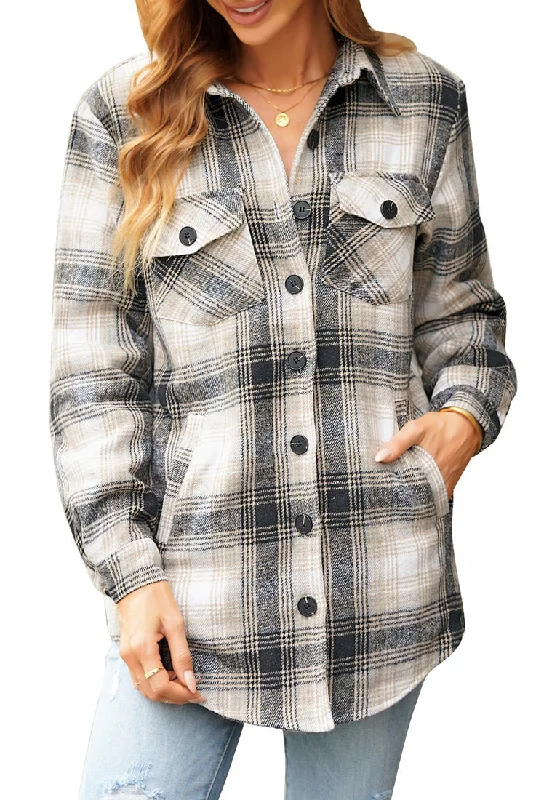 Grey Plaid Long Sleeves Button Down Jacket