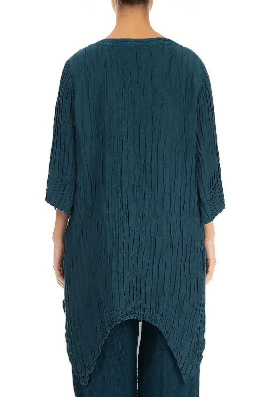 Asymmetric Crinkled Dark Teal Silk Linen Tunic