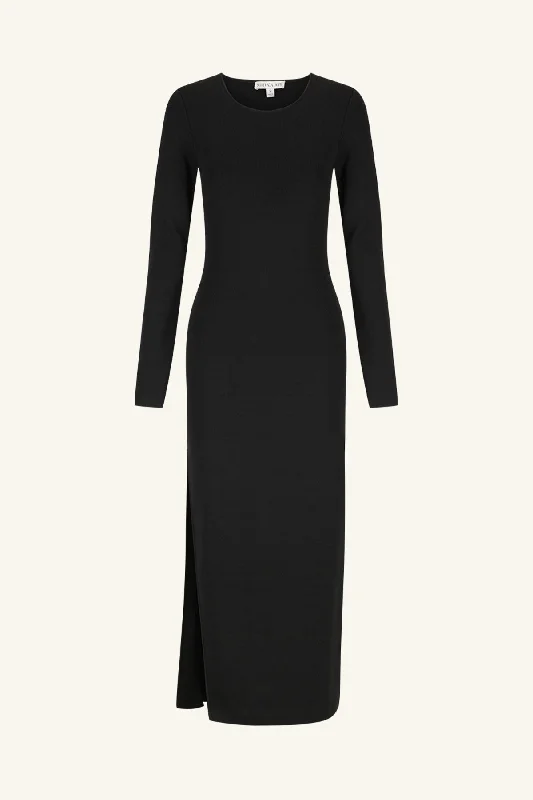 BASIC LONG SLEEVE OPEN BACK MIDI DRESS - BLACK