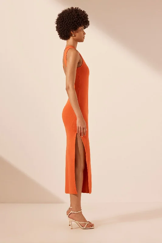 BASIC ONE SHOULDER OPEN BACK MIDI DRESS - TANGERINE