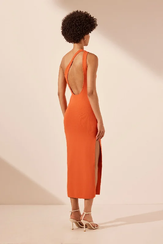 BASIC ONE SHOULDER OPEN BACK MIDI DRESS - TANGERINE