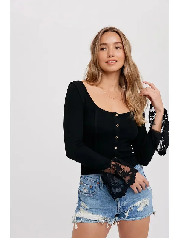 Black Lace Trim Square Neck Knit Top