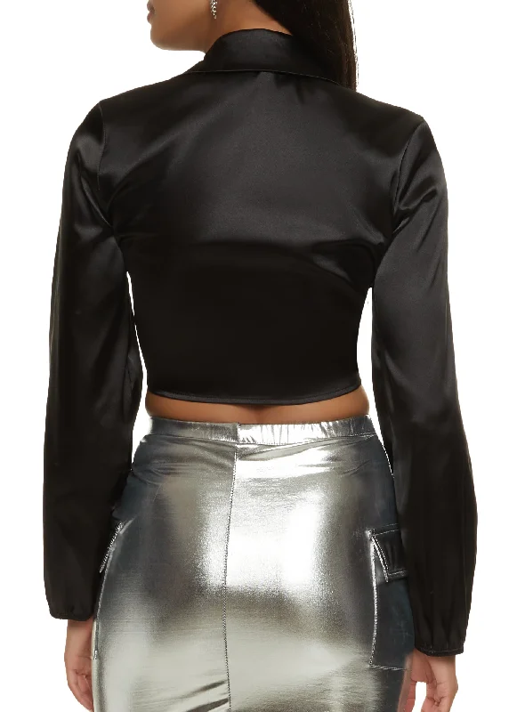 Satin Puff Sleeve Tie Front Crop Top