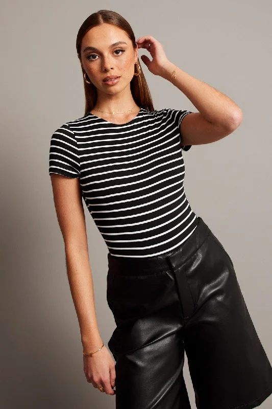 Black Stripe Bodysuit Short Sleeve Crew Neck Supersoft