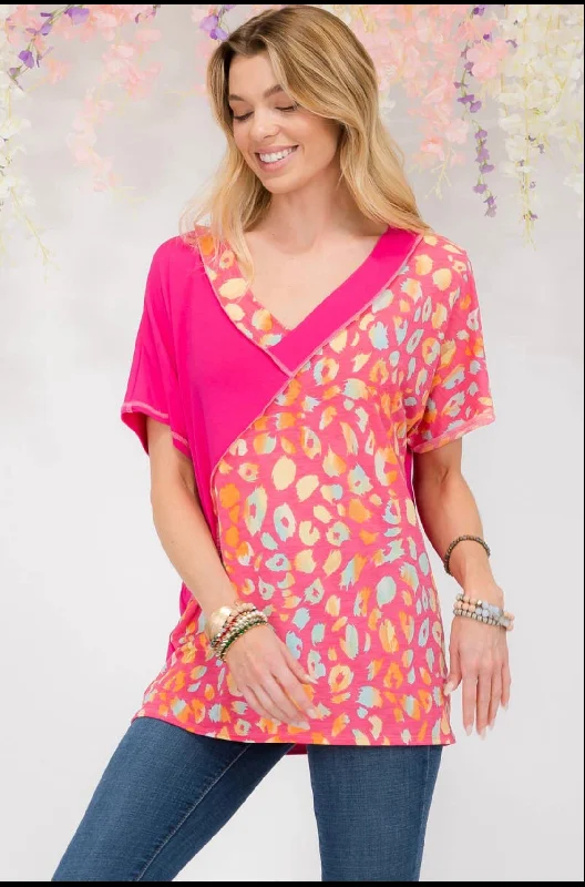 Blouse - V-neck Multi Animal Print, Fuchsia, Also Plus Size