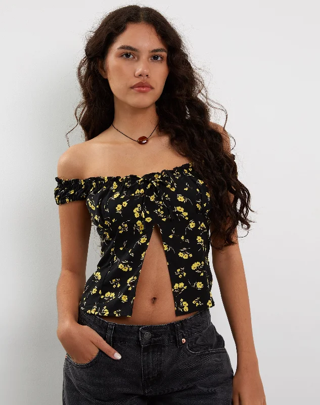 Citra Bardot Frill Top in Buttercup Black Yellow