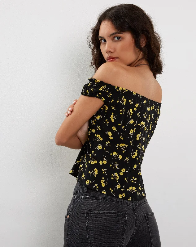 Citra Bardot Frill Top in Buttercup Black Yellow