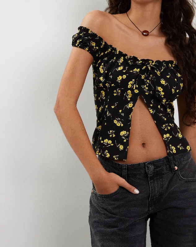 Citra Bardot Frill Top in Buttercup Black Yellow