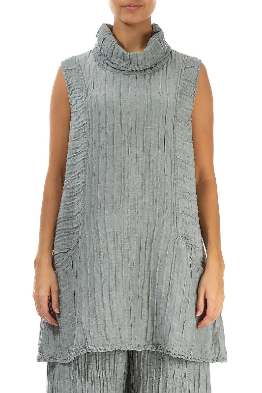 Cowl Neck Crinkled Sage Silk Tunic