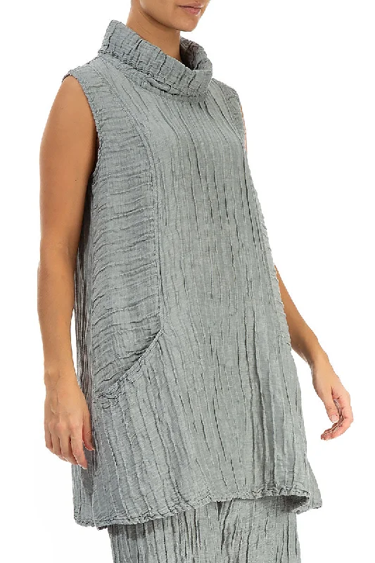 Cowl Neck Crinkled Sage Silk Tunic